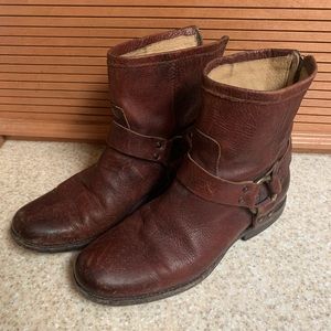 Frye brown leather short boots w/ harness detail